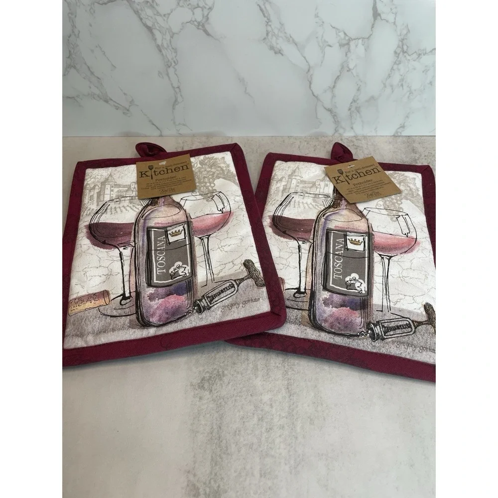 Set of 2 Kay Dee Designs Potholders Wine Bottle & Wine Glasses - New